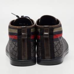 Gucci Navy Blue/Brown Leather and Nylon Diamante Web High Top Sneakers Size 43