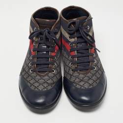 Gucci Navy Blue/Brown Leather and Nylon Diamante Web High Top Sneakers Size 43