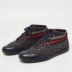 Gucci Navy Blue/Brown Leather and Nylon Diamante Web High Top Sneakers Size 43