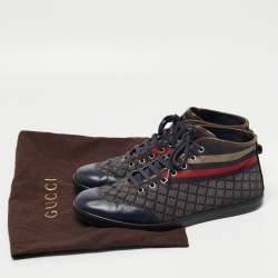 Gucci Navy Blue/Brown Leather and Nylon Diamante Web High Top Sneakers Size 43