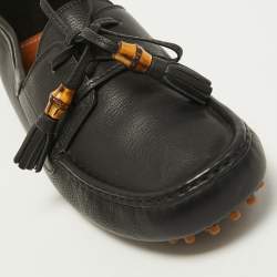 Gucci Black Leather Bamboo Tassel Boat Loafers Size 42