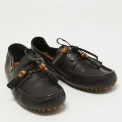 Gucci Black Leather Bamboo Tassel Boat Loafers Size 42