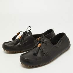 Gucci Black Leather Bamboo Tassel Boat Loafers Size 42