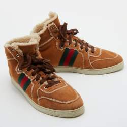 Gucci Brown Suede and Shearking Web Lace Up High Top Sneakers Size 43.5