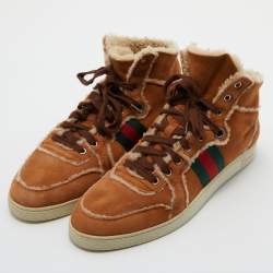 Gucci Brown Suede and Shearking Web Lace Up High Top Sneakers Size 43.5