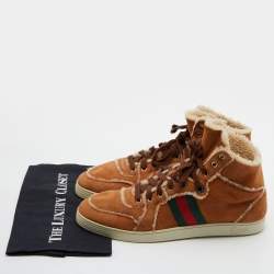 Gucci Brown Suede and Shearking Web Lace Up High Top Sneakers Size 43.5