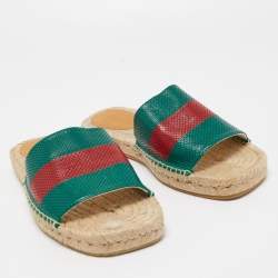 Pre Owned Gucci Green/Red Leather Web Accent Espadrilles Flat Slides Size 43
