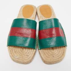Pre Owned Gucci Green/Red Leather Web Accent Espadrilles Flat Slides Size 43