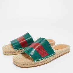 Pre Owned Gucci Green/Red Leather Web Accent Espadrilles Flat Slides Size 43
