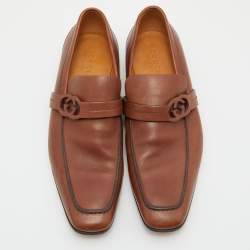 Gucci Tan Leather Interlocking G Slip On Loafers Size 45