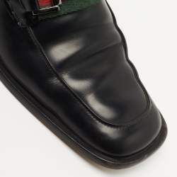 Pre Owned Gucci Black Leather Horsebit Web Detail Slip On Loafers Size 37