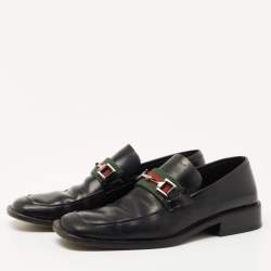 Pre Owned Gucci Black Leather Horsebit Web Detail Slip On Loafers Size 37