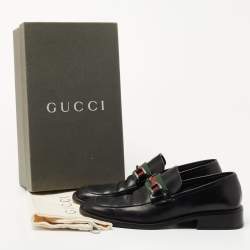 Pre Owned Gucci Black Leather Horsebit Web Detail Slip On Loafers Size 37