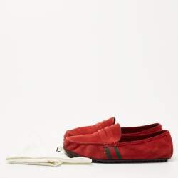 Pre Owned Gucci Red Suede Web Trim Penny Loafers Size 40.5