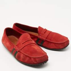 Pre Owned Gucci Red Suede Web Trim Penny Loafers Size 40.5