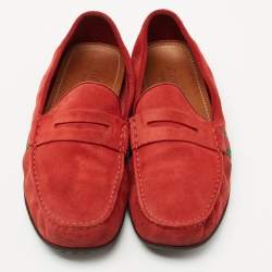 Pre Owned Gucci Red Suede Web Trim Penny Loafers Size 40.5