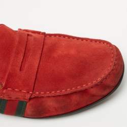 Pre Owned Gucci Red Suede Web Trim Penny Loafers Size 40.5