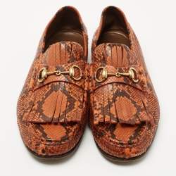 مملوكة مسبقًا Gucci Orange/Brown Python Fringes Horsebit Slip On Loafers Size 43.5 