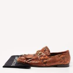 مملوكة مسبقًا Gucci Orange/Brown Python Fringes Horsebit Slip On Loafers Size 43.5 