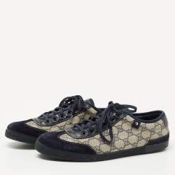 Gucci Navy Blue/Beige Suede and GG Canvas Low Top Sneakers Size 42