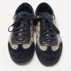 Gucci Navy Blue/Beige Suede and GG Canvas Low Top Sneakers Size 42