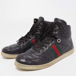 Gucci Black Guccissima Leather Web Detail High Top Sneakers Size 43.5