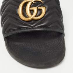 Gucci Black Leather GG Marmont Pool Slides Size 41 