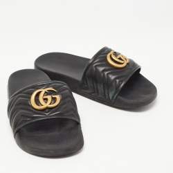Gucci Black Leather GG Marmont Pool Slides Size 41 