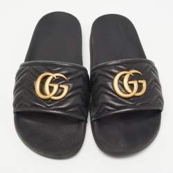 Gucci Black Leather GG Marmont Pool Slides Size 41 