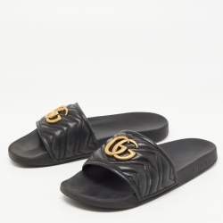 Gucci Black Leather GG Marmont Pool Slides Size 41 