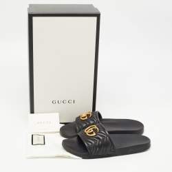 Gucci Black Leather GG Marmont Pool Slides Size 41 