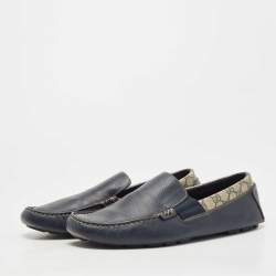 Gucci Navy Blue/Beige Leather and GG Supreme Canvas Slip On Loafers Size 45