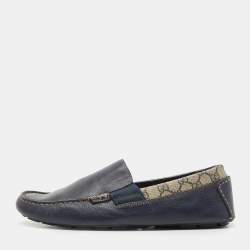 مملوكة مسبقًا Gucci Navy Blue/Beige Leather and GG Supreme Canvas Slip On Loafers Size 45