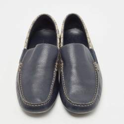Gucci Navy Blue/Beige Leather and GG Supreme Canvas Slip On Loafers Size 45