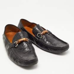 Pre Owned Gucci Black Leather Bamboo Horsebit Loafers Size 45.5