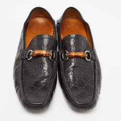 Pre Owned Gucci Black Leather Bamboo Horsebit Loafers Size 45.5