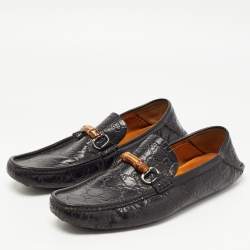 Pre Owned Gucci Black Leather Bamboo Horsebit Loafers Size 45.5