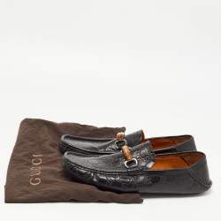 Pre Owned Gucci Black Leather Bamboo Horsebit Loafers Size 45.5