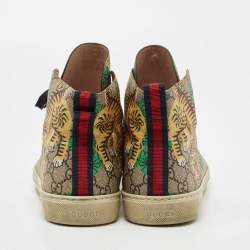 Gucci Brown/Beige GG Supreme Canvas Bengal Tiger High Top Sneakers Size 44