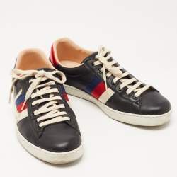 Pre Owned Gucci Black/Red Leather Ace Web Detail Blind For Love Low Top Sneakers  Size 43.5