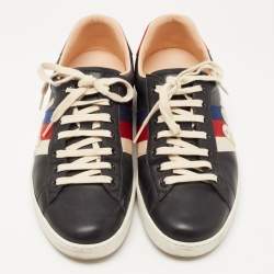Pre Owned Gucci Black/Red Leather Ace Web Detail Blind For Love Low Top Sneakers  Size 43.5