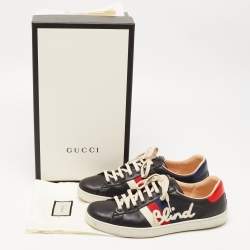 Pre Owned Gucci Black/Red Leather Ace Web Detail Blind For Love Low Top Sneakers  Size 43.5