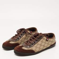 Gucci Brown/Beige Suede and GG Supreme Canvas Barcelona Sneakers Size 43.5