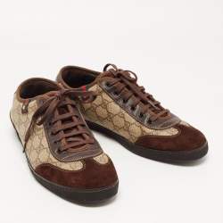 Gucci Brown/Beige Suede and GG Supreme Canvas Barcelona Sneakers Size 43.5