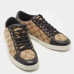 Pre Owned Gucci Beige/Black GG Supreme Canvas and Leather Low Top Sneakers Size 39