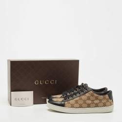 Pre Owned Gucci Beige/Black GG Supreme Canvas and Leather Low Top Sneakers Size 39
