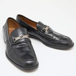 Pre Owned Gucci Black Leather Interlocking G Penny Loafers Size 41.5