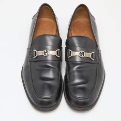 Pre Owned Gucci Black Leather Interlocking G Penny Loafers Size 41.5