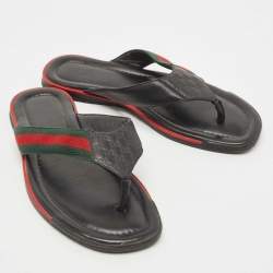 Pre Owned Gucci Black Leather Web Thong Sandals Size 41.5