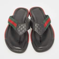 Pre Owned Gucci Black Leather Web Thong Sandals Size 41.5